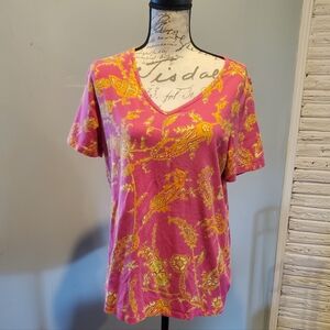 Liz Claiborne Fuchsia V-Neck Short Sleeve Top with Yellow Paisley